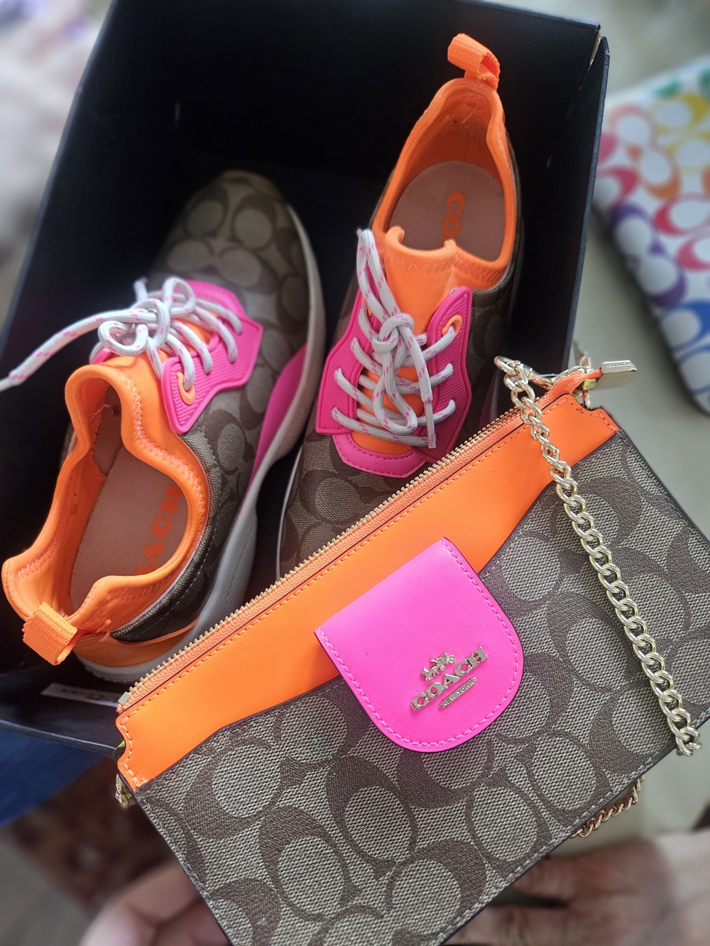 Coach Signature Canvas Crossbody with Neon Pink & Orange Accents - Picture 2 of 5